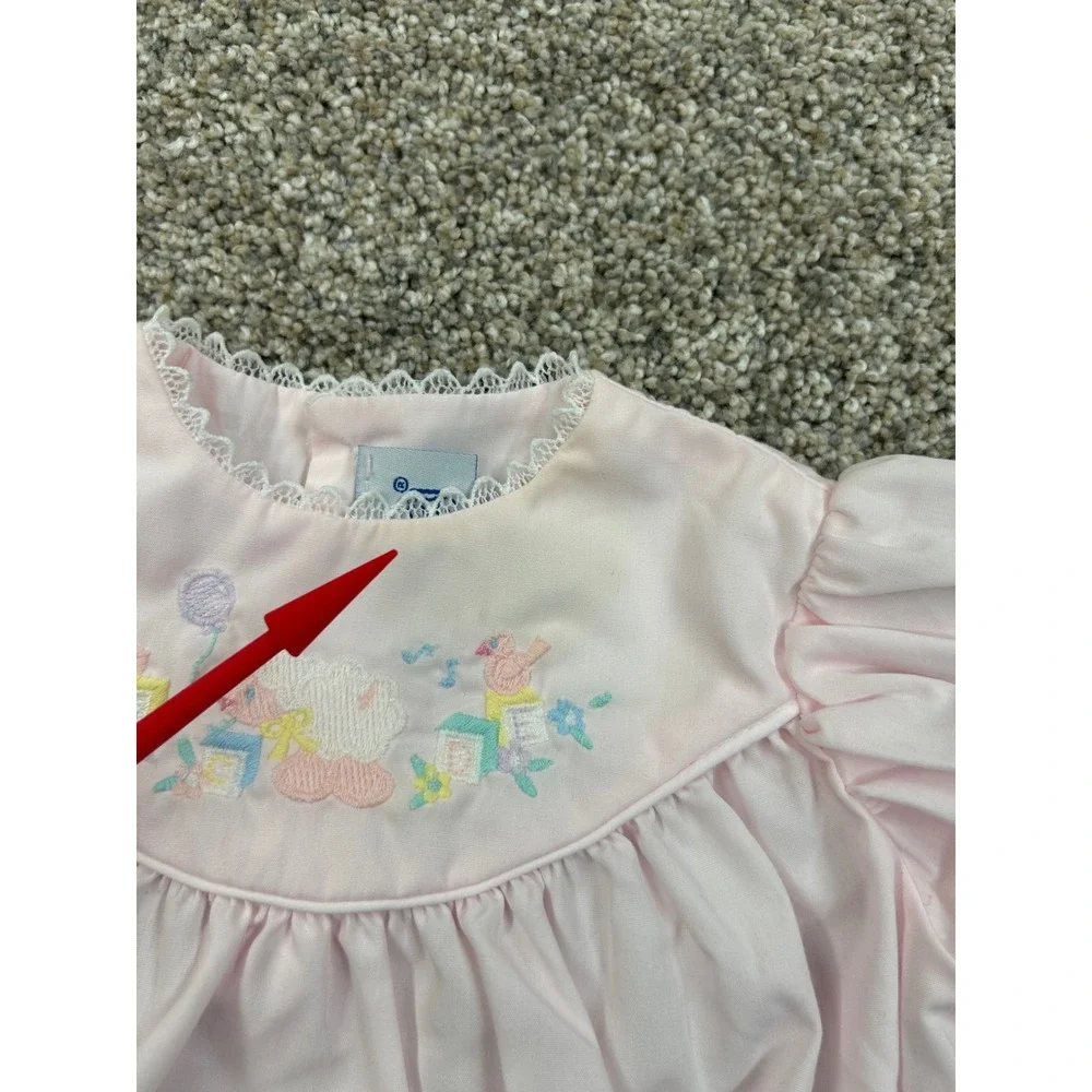 Patsy Aiken Designs Vintage Pink Embroidered Baby Gown Newborn Lace Trim #0497